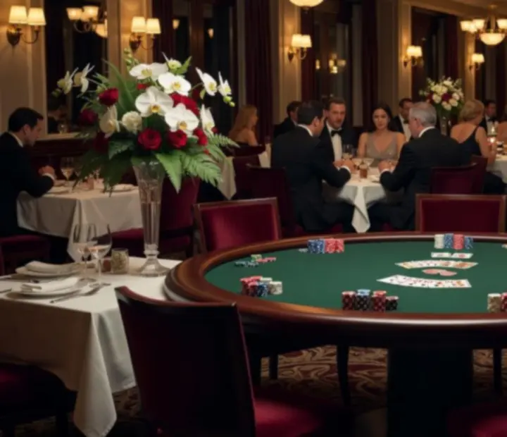 Sfeervol restaurant met mooi gedekte tafels en pokertafels