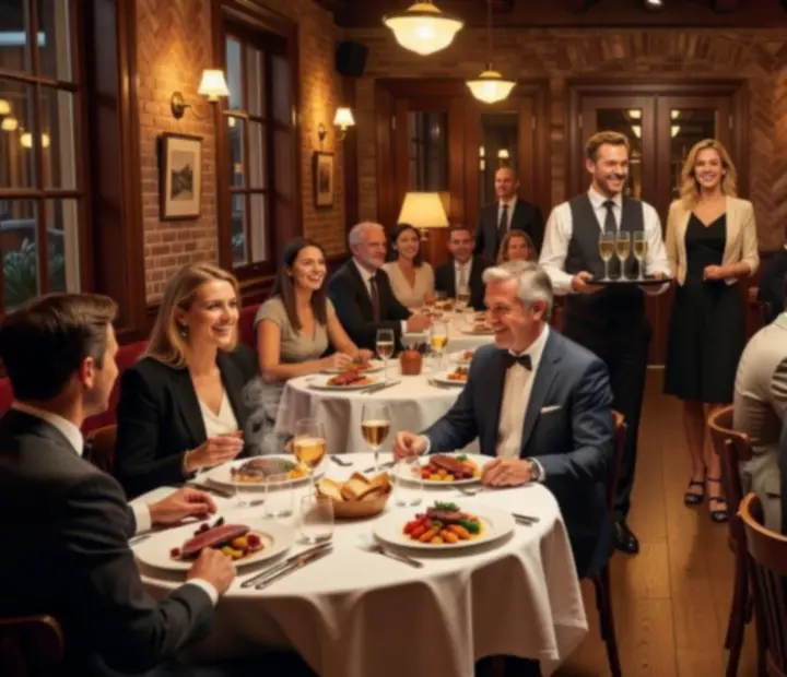 Overzicht van een restaurant met pokertafels en gedekte dinertafels voor een Poker & Diner-programma
