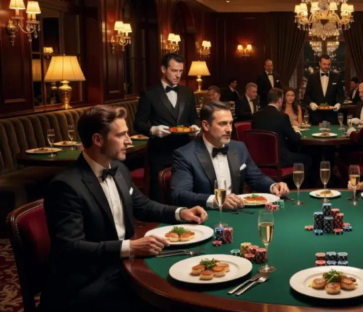 Overzicht van een avondprogramma met restauranttafels en pokertafels