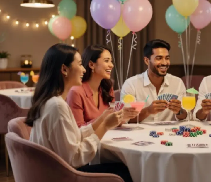 Impressie van een kleurrijke casino-style avond met deelnemers aan speeltafels