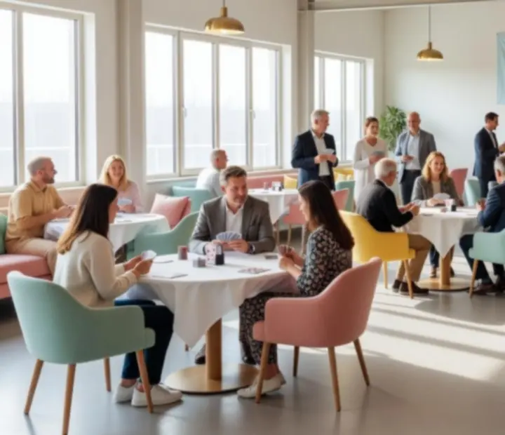 Moderne evenementlocatie met casino-style opstelling en pastel decor