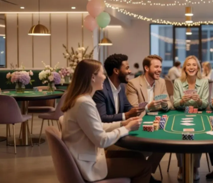 Sfeervolle evenementenlocatie in Nederland met kaarttafels en vrolijke bezoekers tijdens een casino-style avond