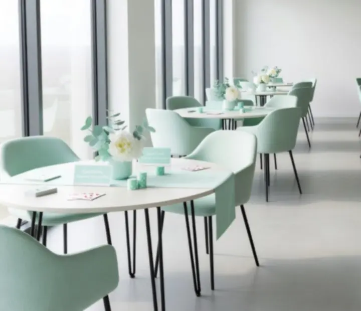 Stijlvolle lichte eventlocatie in pastel mint tinten