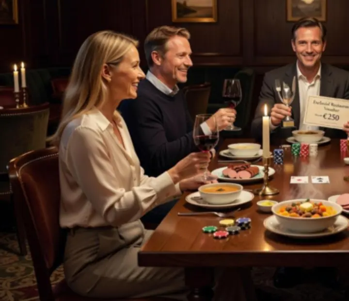 Gelukkige winnaar met trofee in een sfeervol restaurant na een Poker & Diner toernooi