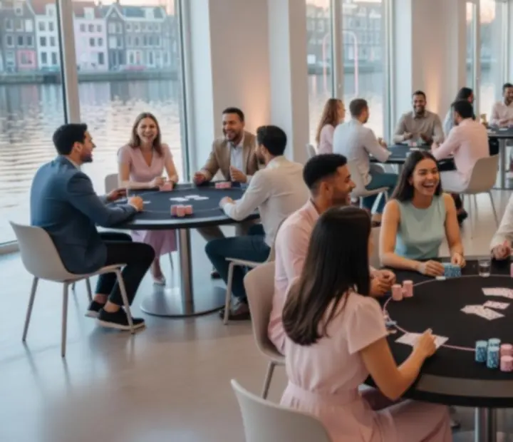 Moderne pokerclub met jonge volwassenen in een lichte pastel setting