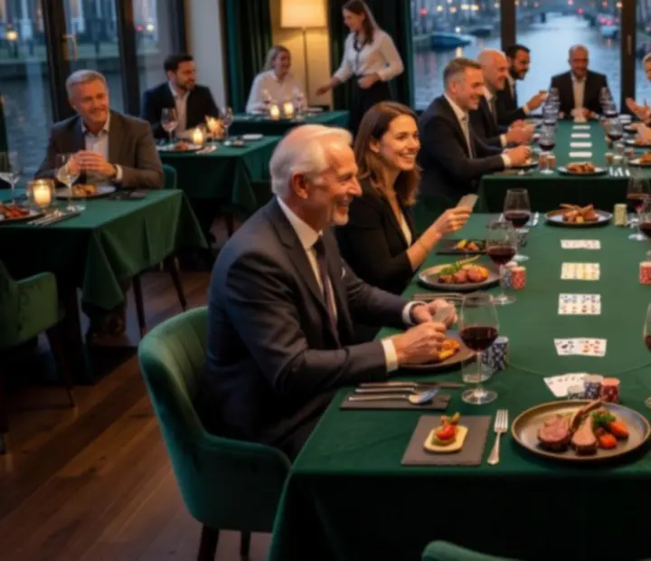 Sfeervolle Poker & Diner-avond met gedekte tafels en pokerspel