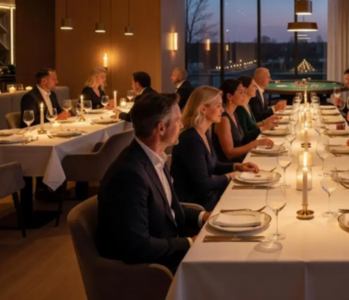Stijlvolle restauranttafel met pokerset en gastronomische tafelaankleding tijdens Poker & Diner avond