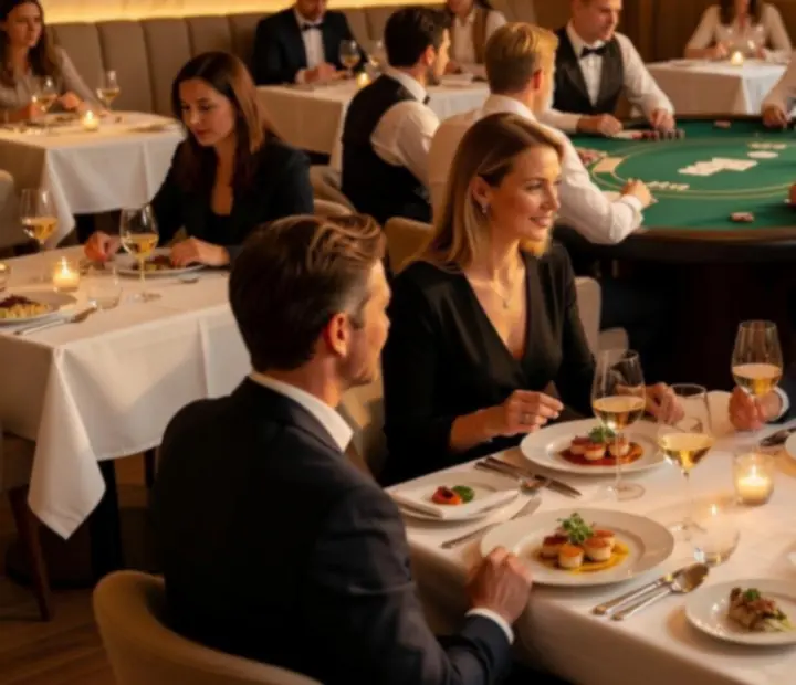 Sfeervolle restaurant pokeravond met mooi opgediende gerechten en pokertafels