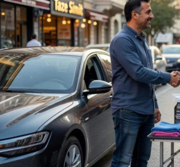 Müşterinin aracı başında çalışan mobil detay ekibi
