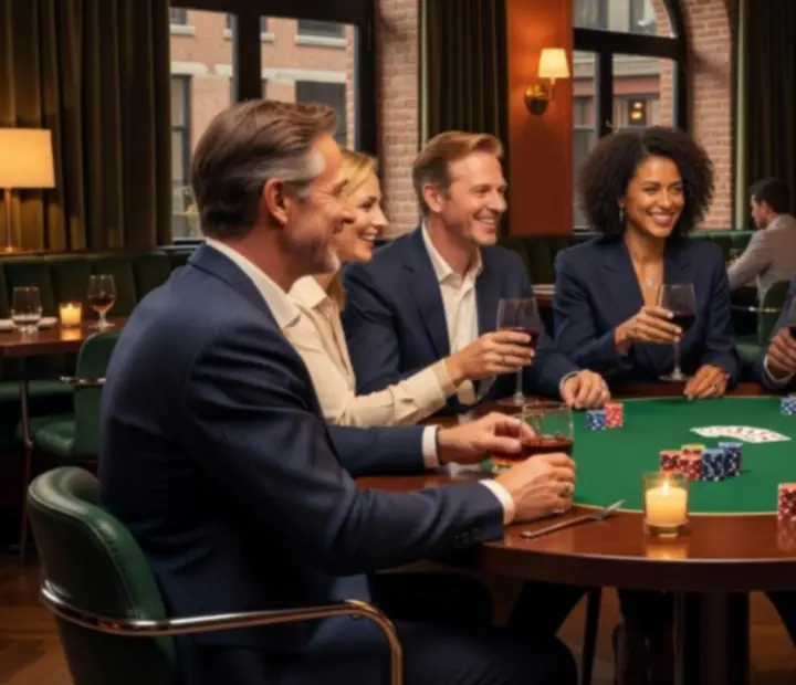 Groep gasten rond een pokertafel in restaurant die lachen, praten en samenwerken