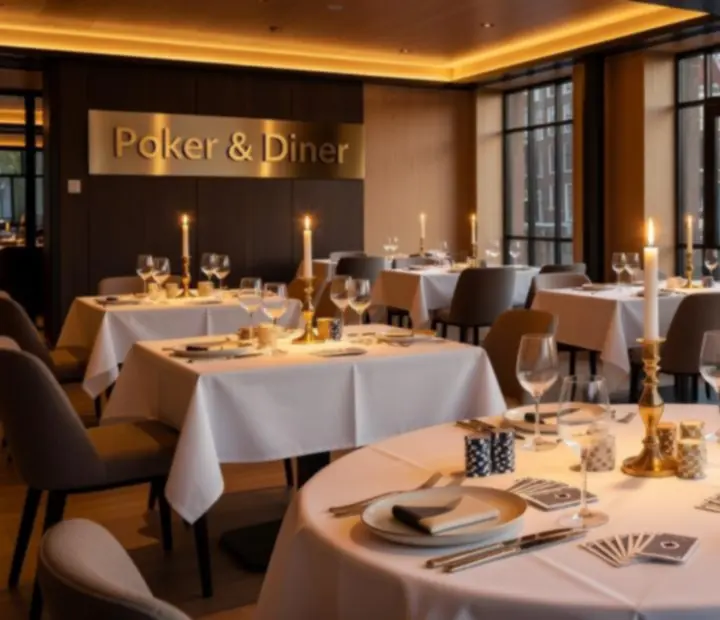 Gezellig gedekte restauranttafel met pokerkaarten en luxe diner tijdens een Poker & Diner arrangement
