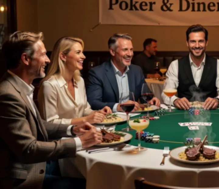 Gezellige Poker & Diner avond met gasten rond een pokertafel in een sfeervol restaurant