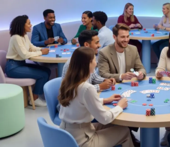 Gezellige pokeravond met jonge volwassenen aan een speeltafel in een moderne locatie