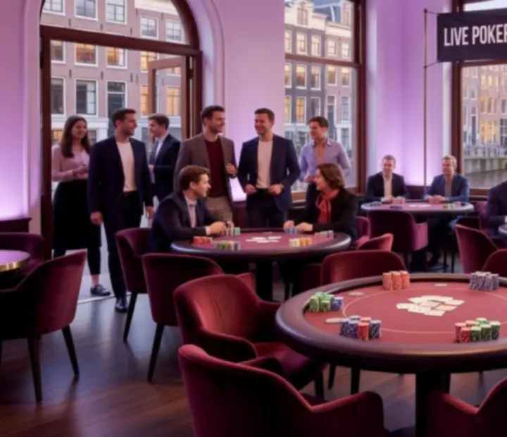 Moderne pokerlocatie met ronde tafels en pastelverlichting