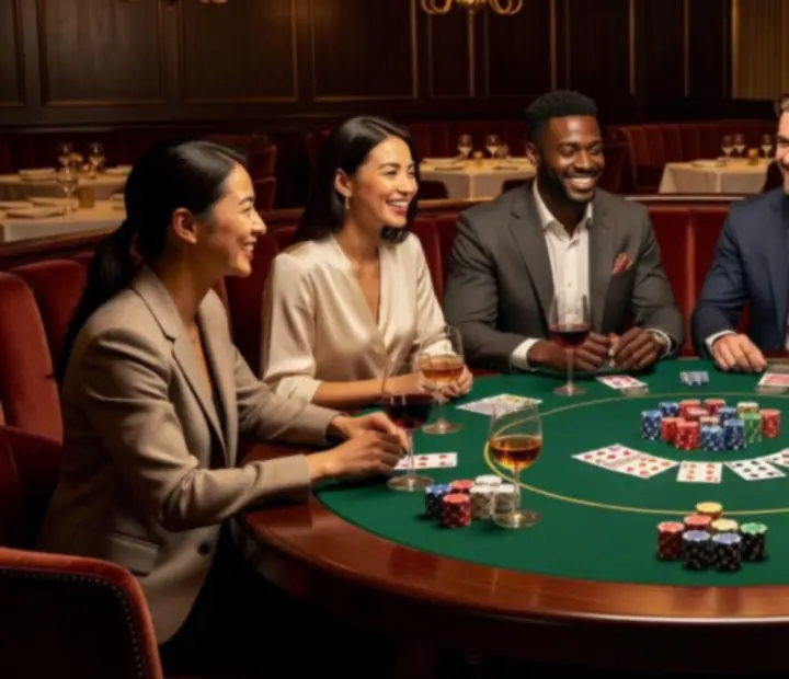 Vriendengroep rond een pokertafel met luxe hapjes tijdens een Poker & Diner groepsarrangement
