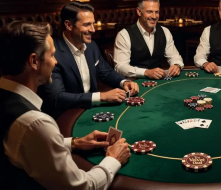 Groene pokertafel met luxe fiches in warm avondlicht
