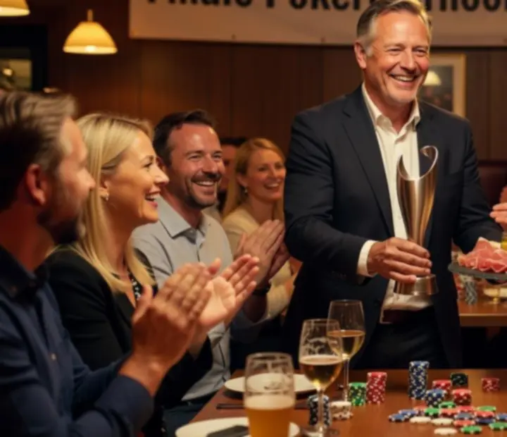Winnaars van een pokertoernooi bij prijsuitreiking met trofee