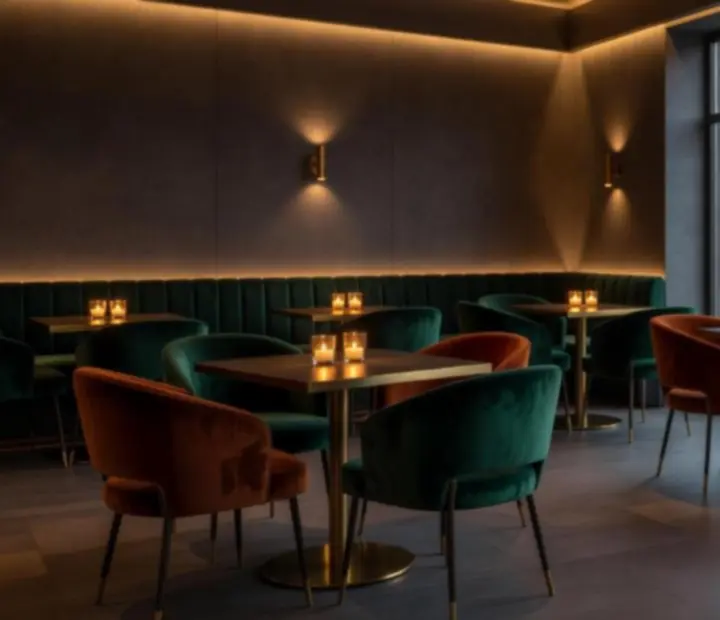 Restaurantinterieur in warme gloed met kaarslicht en elegante stoelen