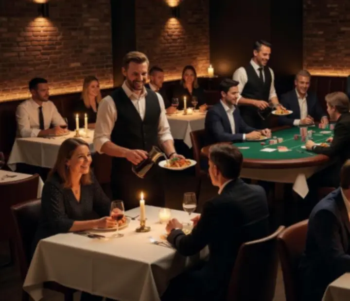 Sfeervol verlicht restaurant in Nederland met gasten rond pokertafels