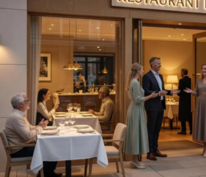 Warm verlichte restaurantentree met elegant gedekte tafels