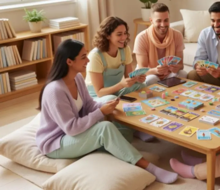 Groep jongvolwassenen die ontspannen kaartspelen in een lichte lifestyle setting