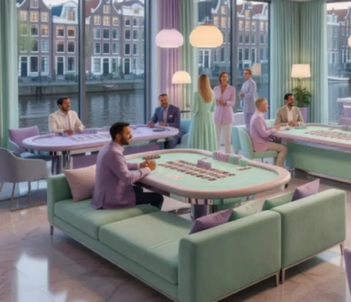 Thema casino-evenement met pastel decor, zachte verlichting en jongvolwassenen