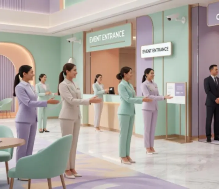 Gastvrije hosts verwelkomen bezoekers in een veilige offline evenementlocatie