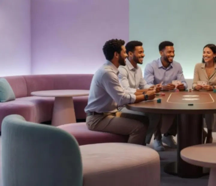 Groep jonge volwassenen die ontspannen geniet van een gezellig offline casino-style evenement