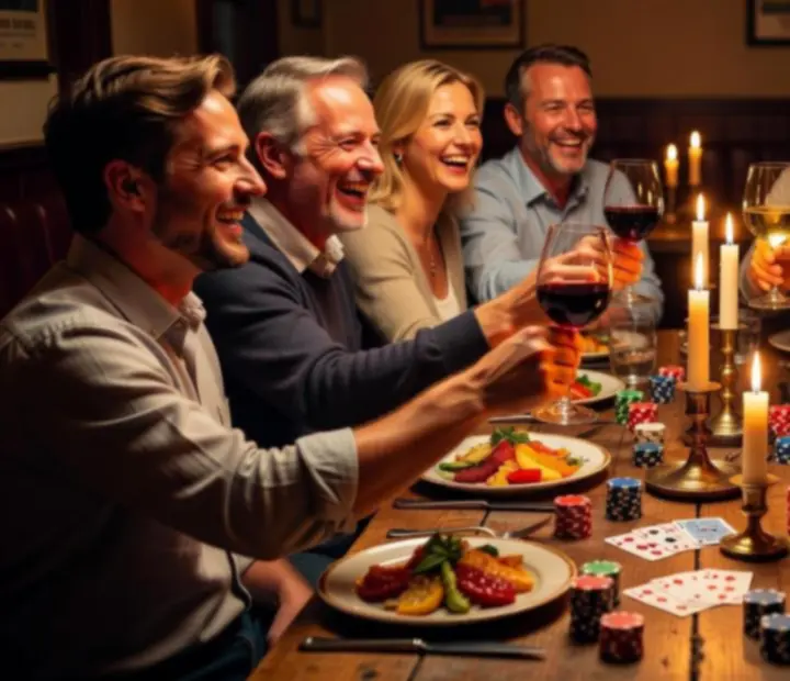 Vriendengroep aan een sfeervolle dinertafel met pokerkaarten en fiches