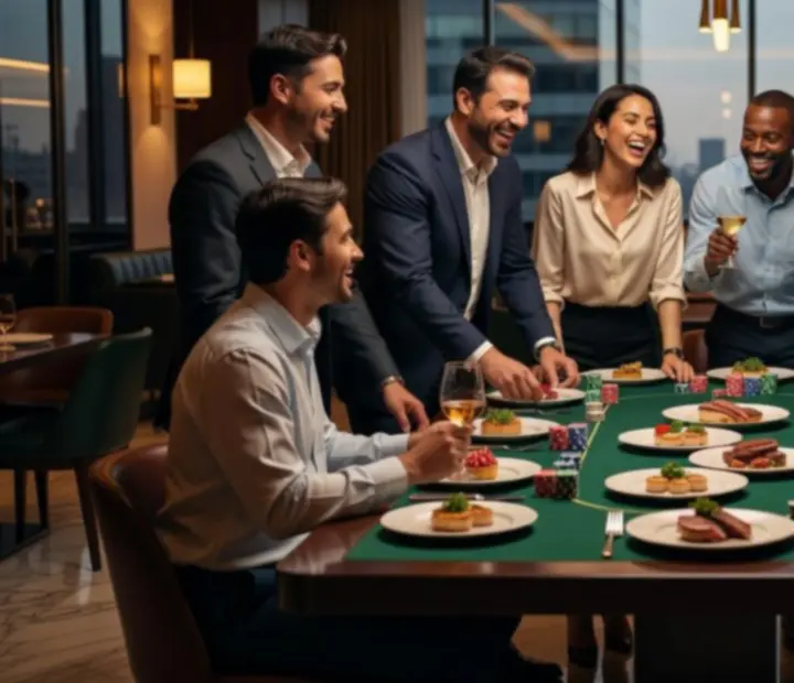 Zakelijke groep tijdens een restaurant-pokeravond met diner